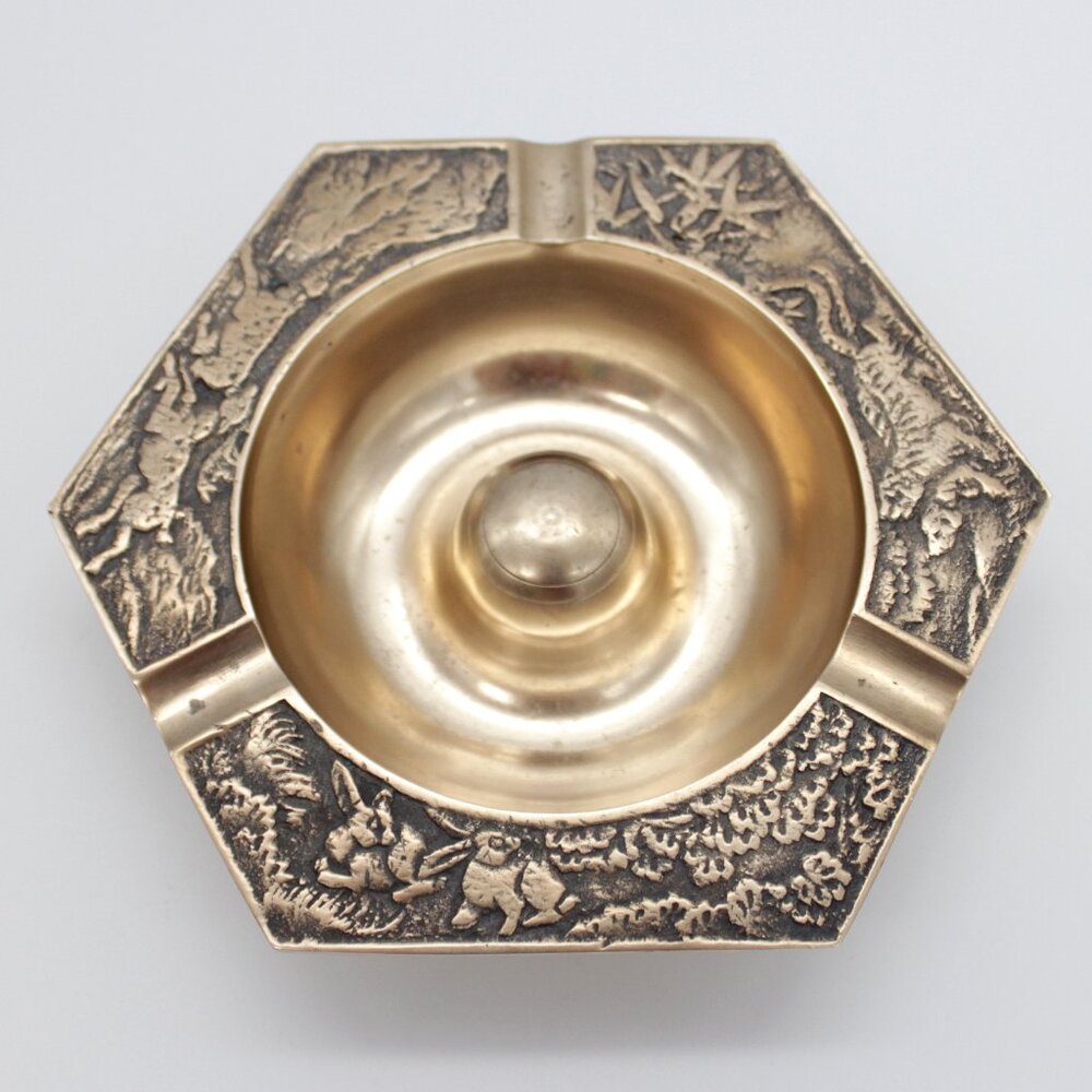 Vintage 7" Hexagonal Embossed Brass Ashtray - Handmade in Korea